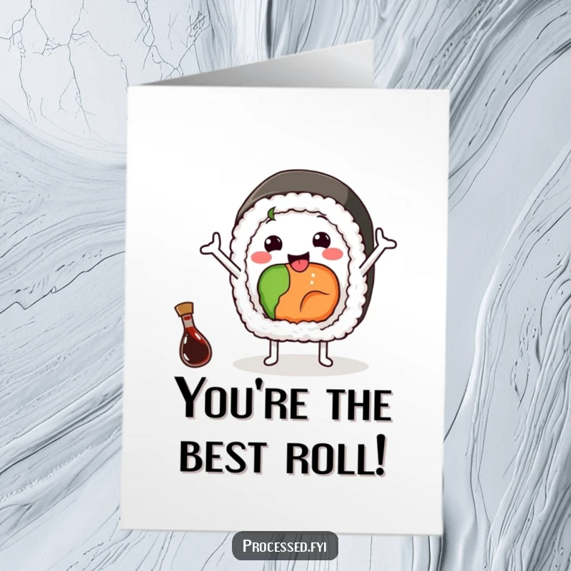 Funny Free Printable Congrats Card: Cheerful Sushi Roll Waving Gladly Near a Mini Soy Sauce Bottle