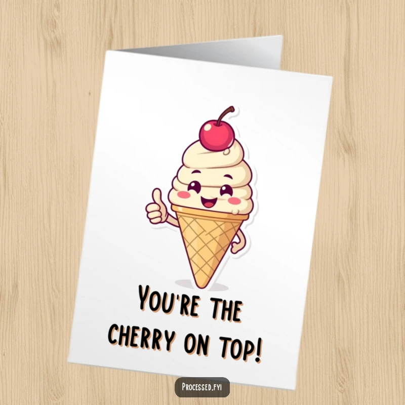 Funny Free Printable Congratulations Card: Happy ice cream cone character giving a positive thumbs-up with a cherry on top.