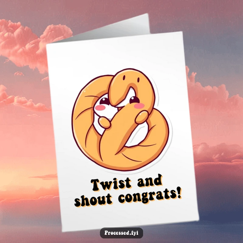 Funny Free Printable Congrats Card: An anthropomorphic pretzel in a playful, twisted pose of excitement.