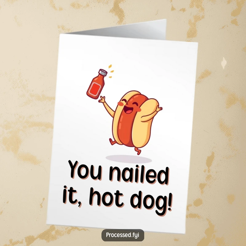 Funny Free Printable Congratulations Card: A dancing hot dog in a bun tossing a tiny ketchup bottle in celebration.