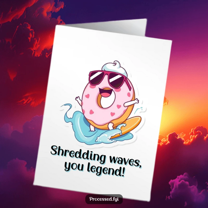 Funny Free Printable Congratulations Card: A cool donut surfs a frosting wave, celebrating victories with sweet style.