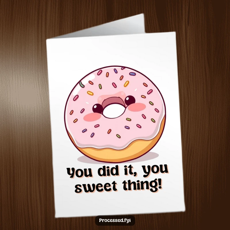 Funny Free Printable Congratulations Card: A plump, blushing donut with sprinkles bouncing with excitement for a big win.