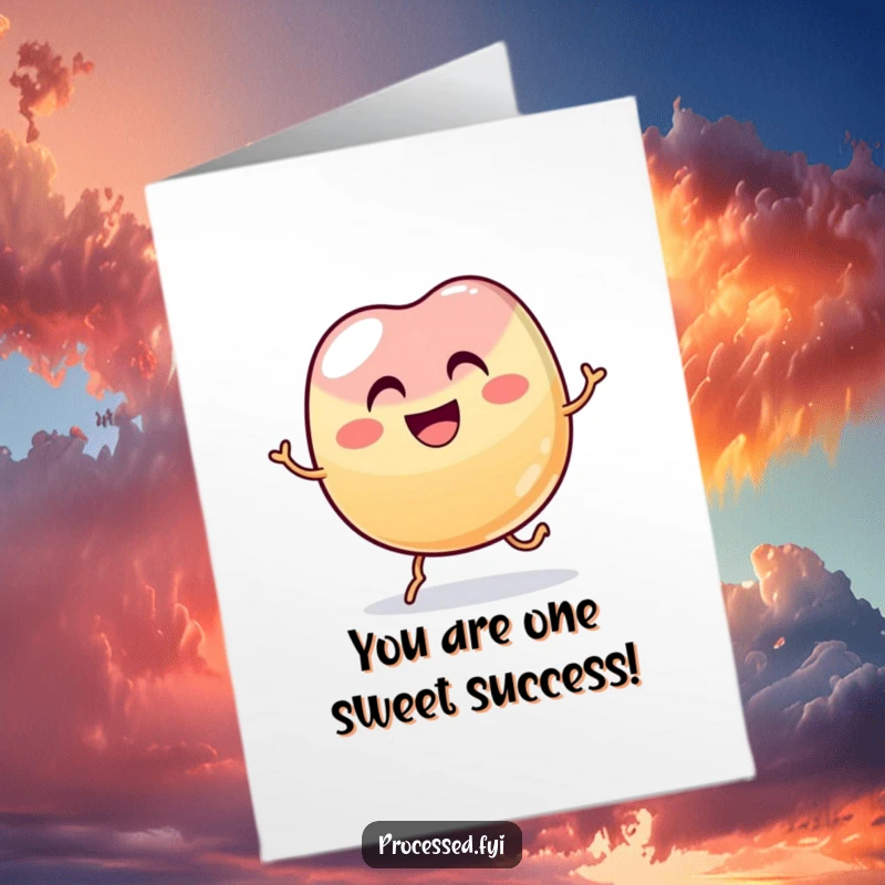 Funny Free Printable Congratulations Card: A wobbly jelly bean with a wide grin hopping with excitement, celebrating success.