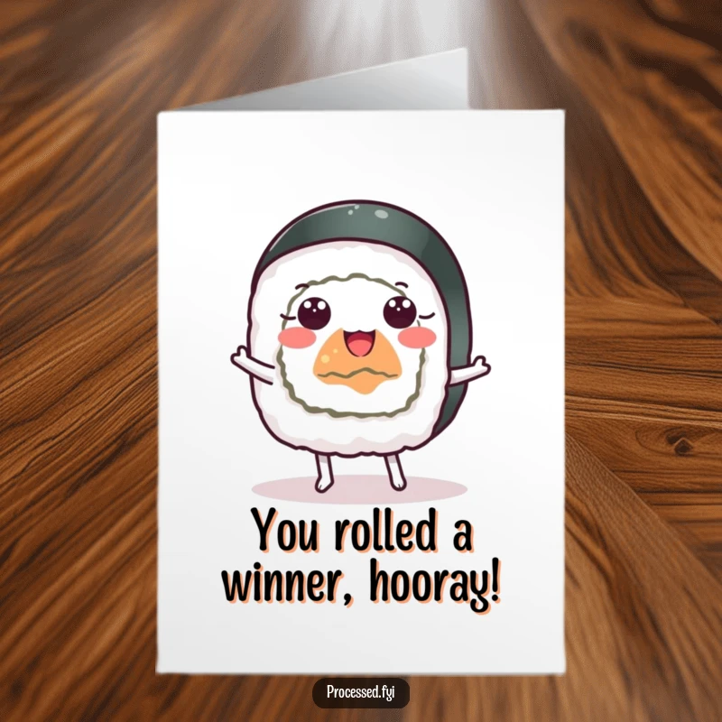 Funny Free Printable Congratulations Card: A cheerful sushi roll with wide eyes doing a happy dance, celebrating success.