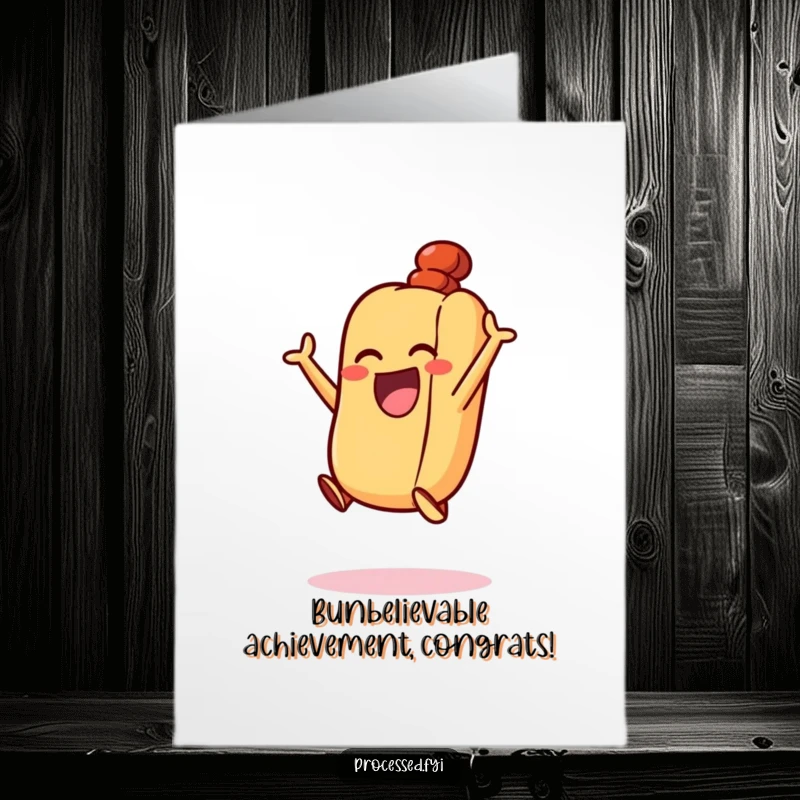 Funny Free Printable Congrats Card: An excited hot dog with its bun, jumping joyfully in the air, celebrating.