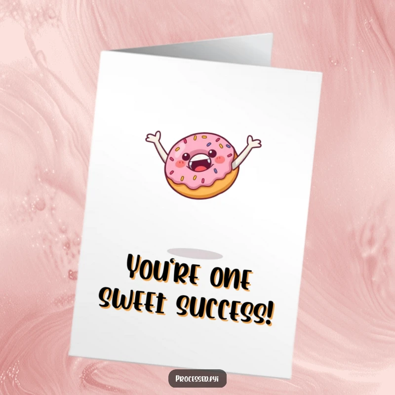 Funny Free Printable Congratulations Card: a happy sprinkled donut soaring through the air, celebrating a wonderful achievement with enthusiasm.