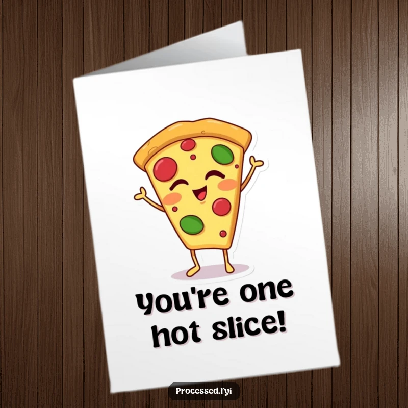 Funny Free Printable Pizza Congratulations Card: A happy pizza slice on tiny feet winking, celebrating a fantastic achievement.
