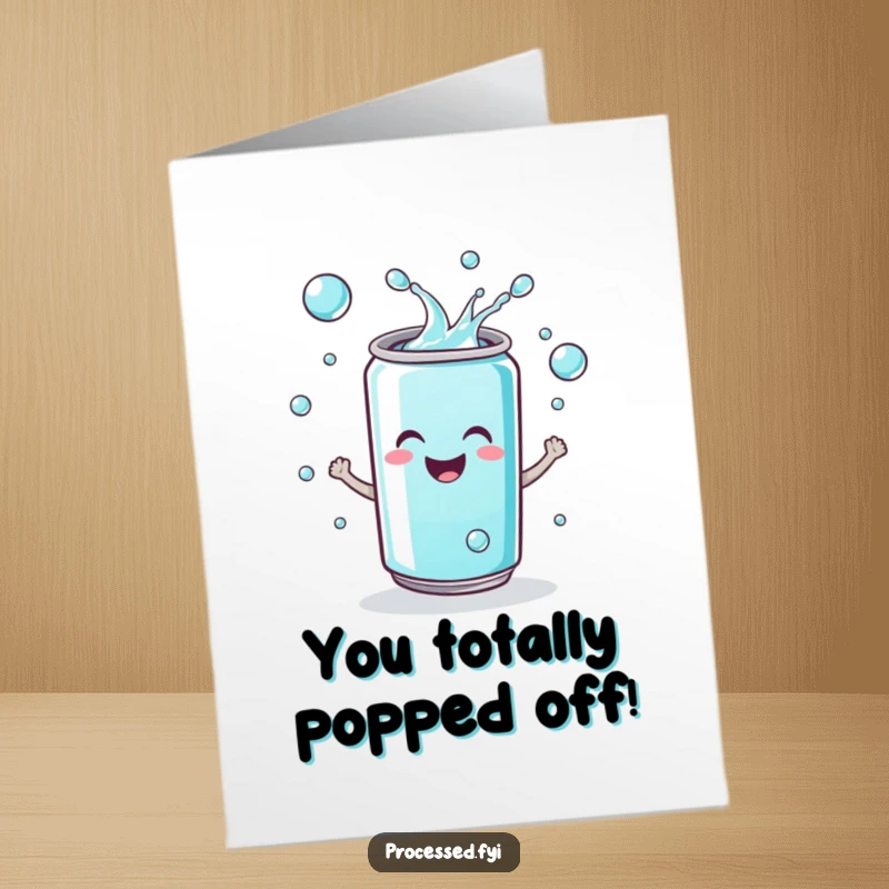 Funny Free Printable Soda Can Congrats Card: Smiley can juggling fizzy drops, celebrating success with bubbly joy.