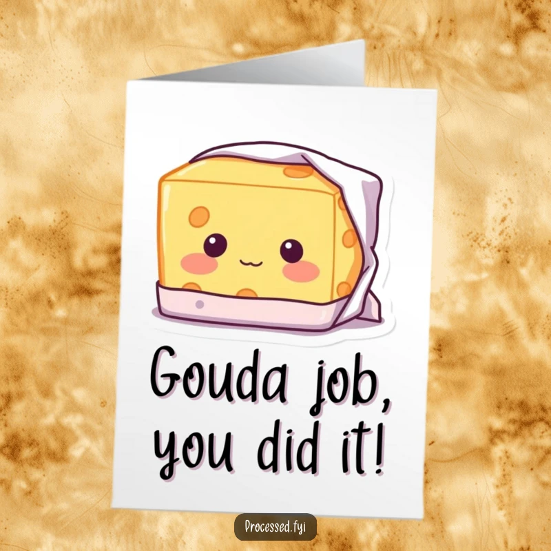 Funny Free Printable Congrats Card: A blushing block of cheese with a shy smile, peeking from its wrapper, celebrating sweetly.