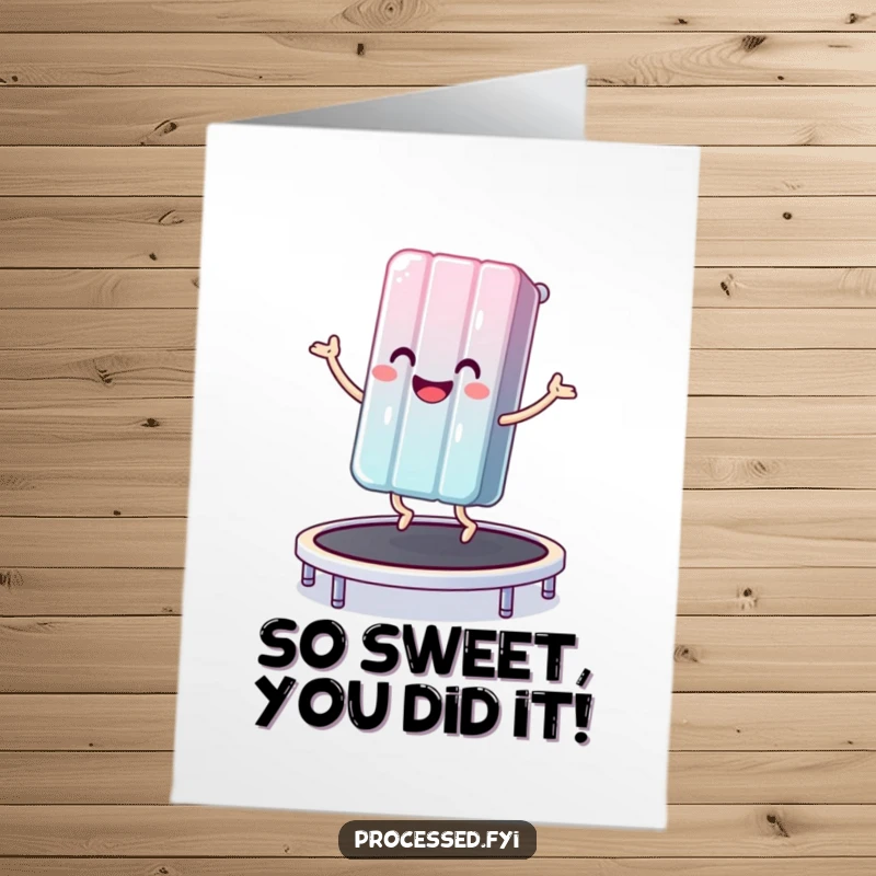 Funny Free Printable Congratulations Card: An excited candy bar joyfully bouncing on a trampoline. Perfect downloadable gift.