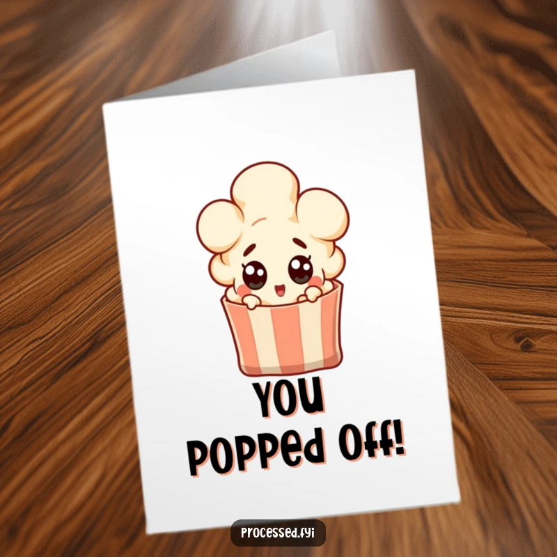 Funny free printable congratulations card: a startled popcorn kernel popping out of a bag with shock.