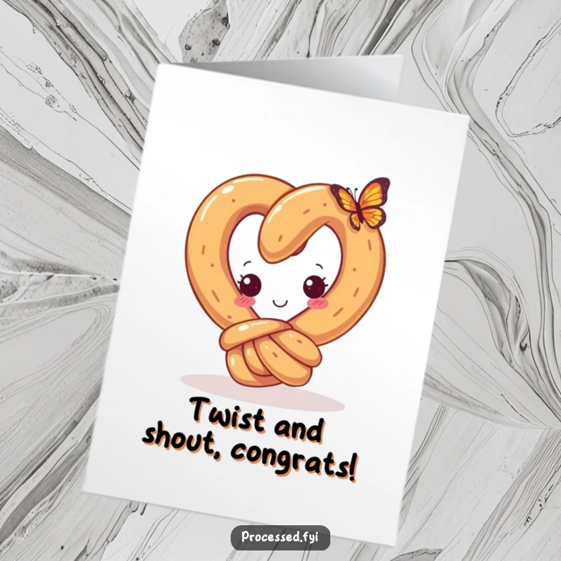 Funny Free Printable Congrats Card: A curious pretzel observes a tiny butterfly, symbolizing wonder and achievement.