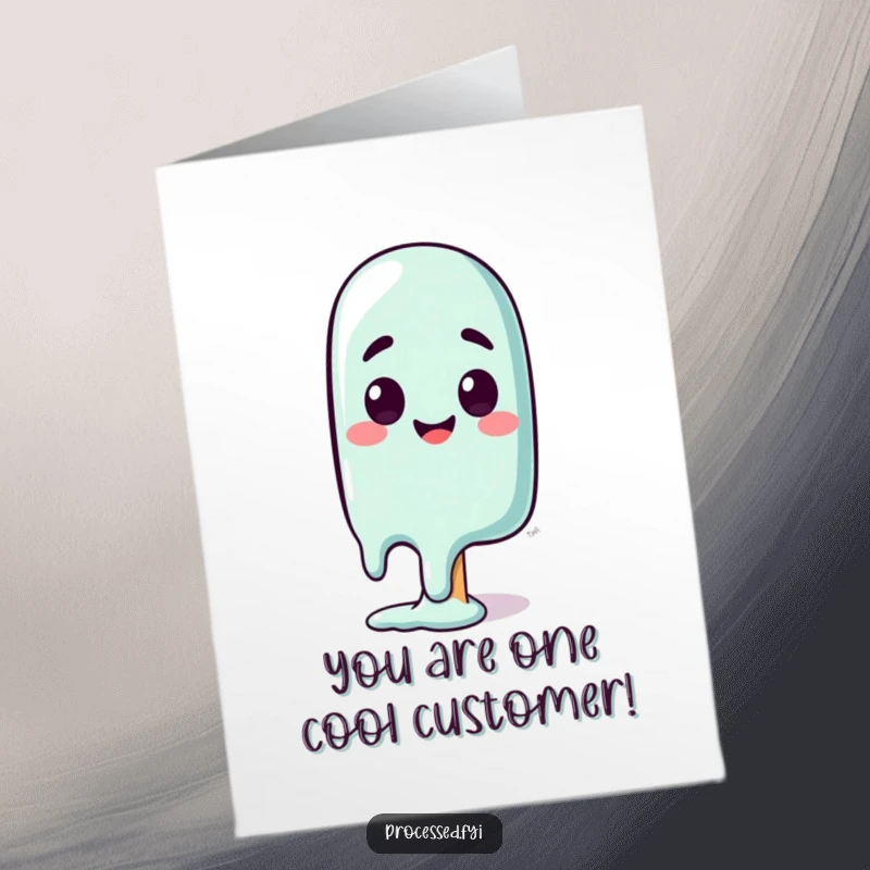 Funny Free Printable Congratulations Card: A curious popsicle character melting slightly with a happy, surprised look, celebrating victory.