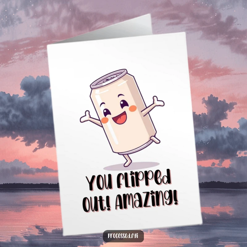 Funny Free Printable Congratulations Card of an anthropomorphic soda can performing a cartwheel with a cheerful grin.