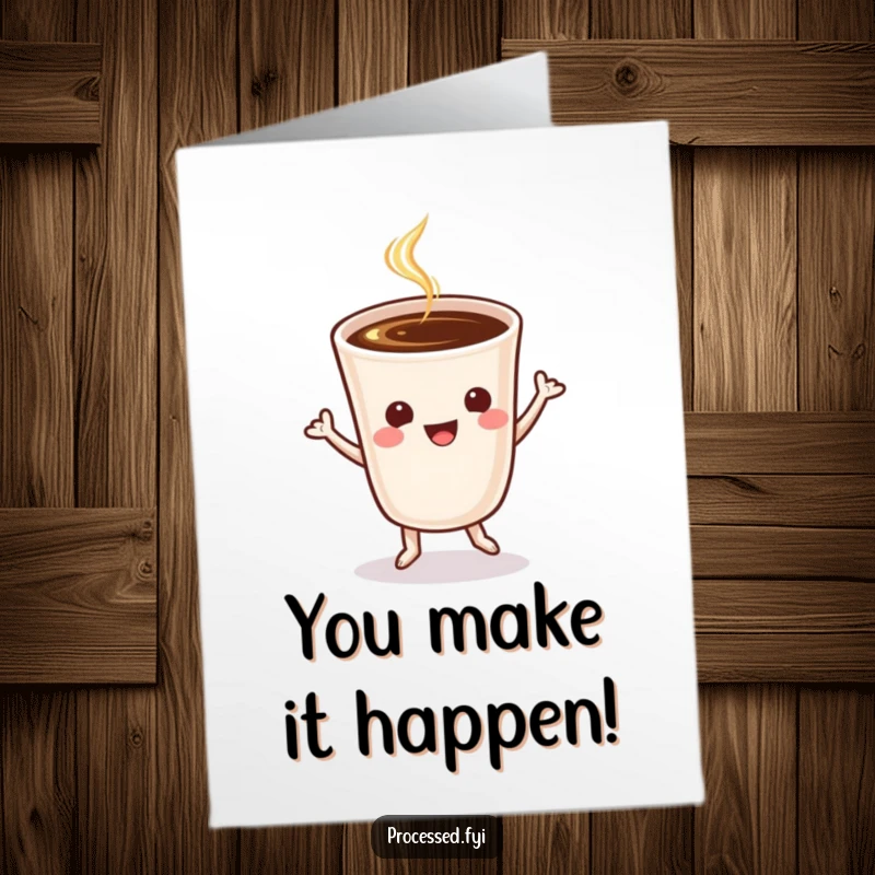 Funny Free Printable Congrats Card: A smiling coffee cup energetically jigs, celebrating accomplishments with caffeinated glee.