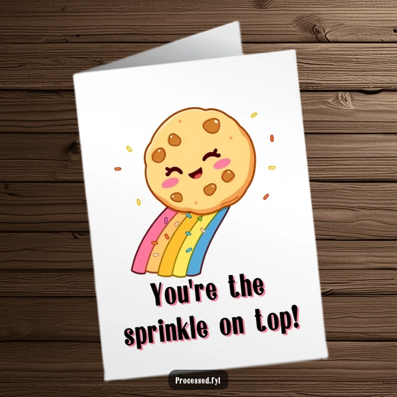 Funny Free Printable Congrats Card: A winking cookie descends a colorful sprinkle rainbow, embodying playful triumph and sweet success.