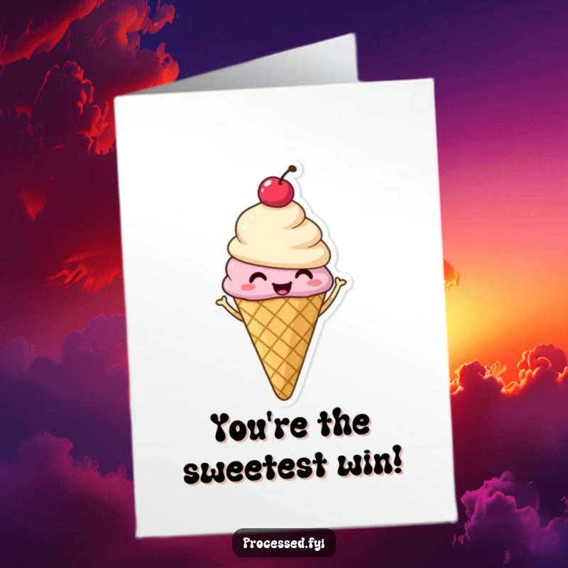 Free Printable Congratulations Card: A smiling ice cream cone with a cherry on top, performing a happy shimmy, celebrating achievements.