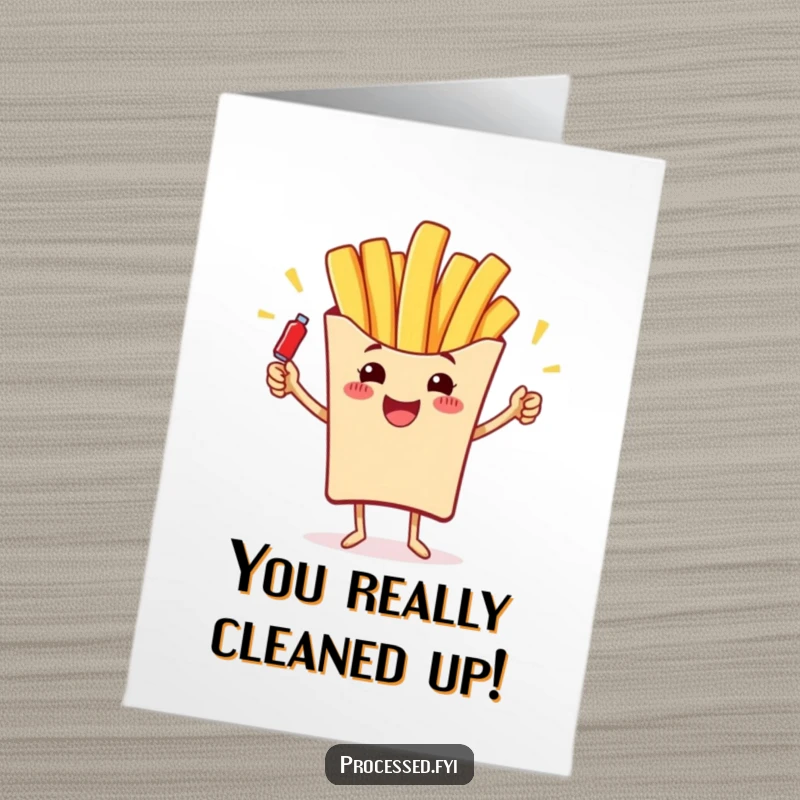 Funny free printable congratulations card of a french fry juggling ketchup bottles, celebrating a big win.