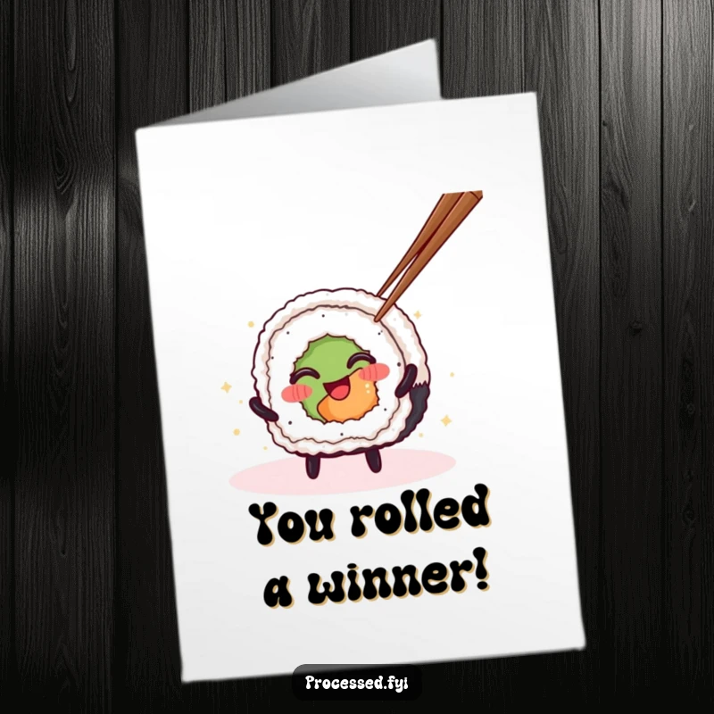 Funny Free Printable Congratulations Card: Excited sushi roll character spinning with chopsticks, celebrating success!