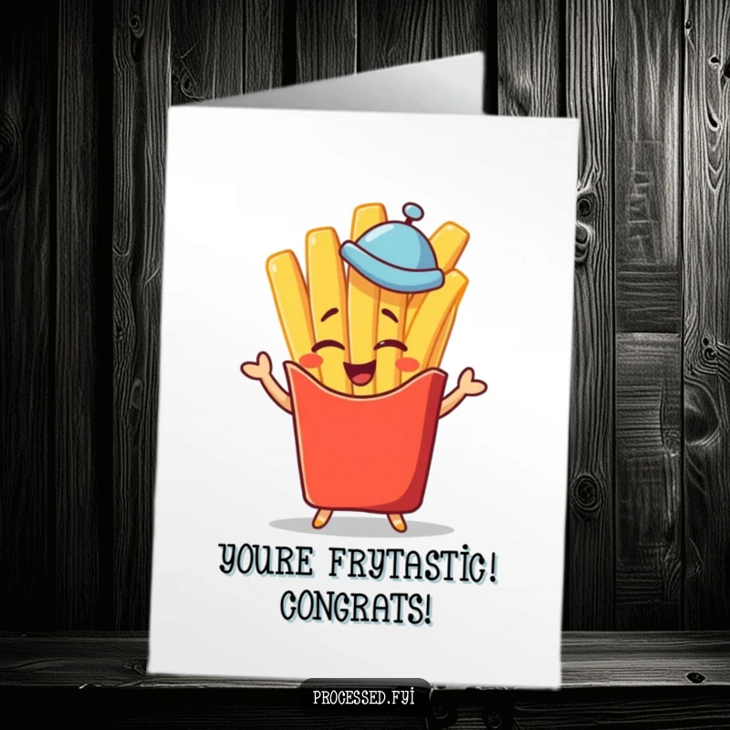 Funny free printable congratulations card: a french fry character winks while giving a jaunty salute with a hat.