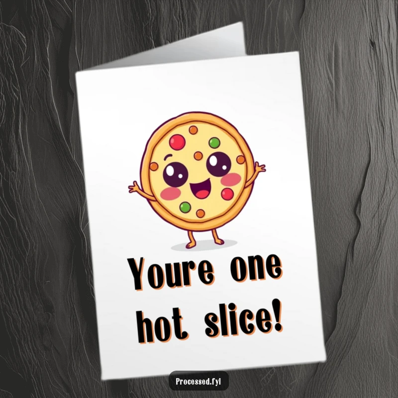 Funny Free Printable Congratulations Card: A delighted pizza slice with topping eyes dancing to celebrate an amazing achievement.
