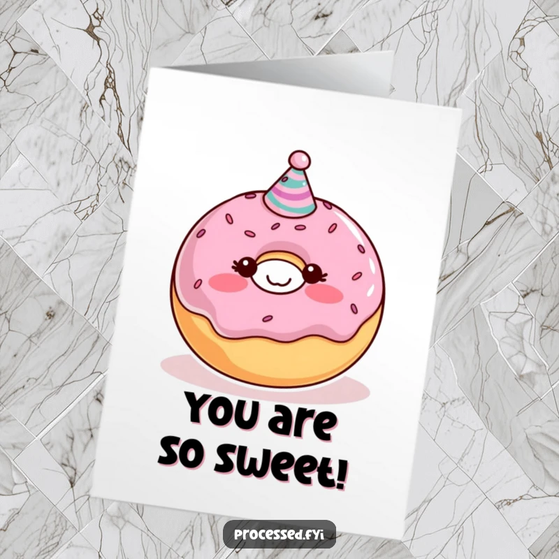 Funny Free Printable Congratulations Card: Blushing donut character in a party hat, celebrating a sweet success!