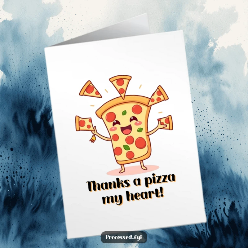 Funny Free Printable pizza slice juggling pepperoni, a delightful thank you card.