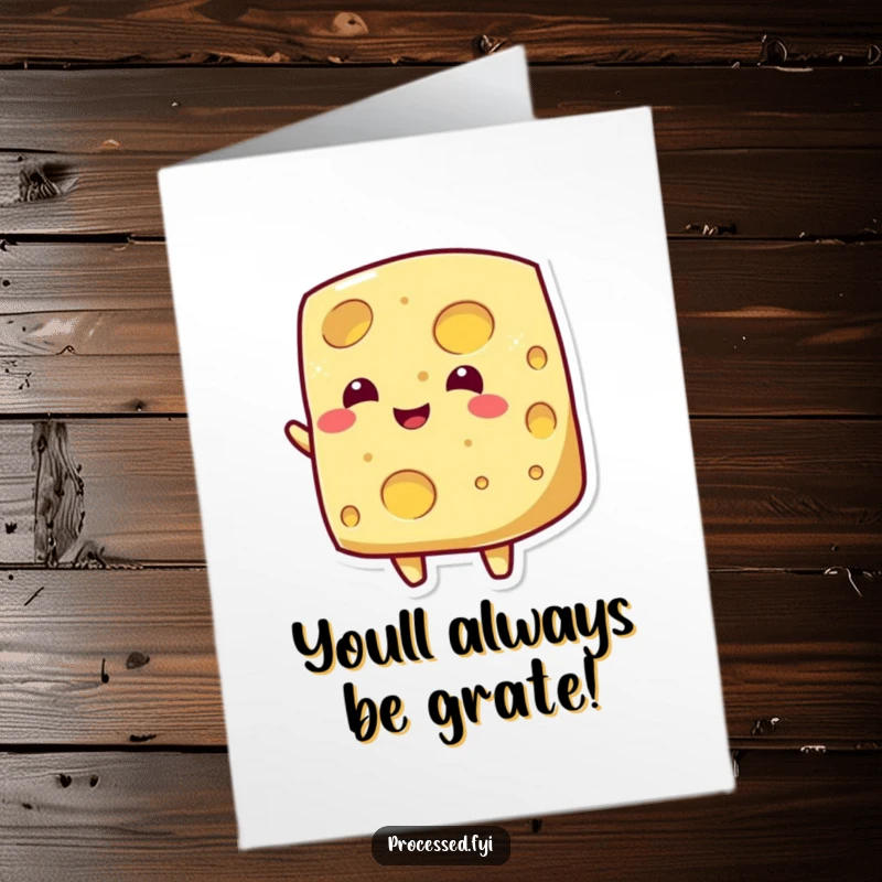 Funny Free Printable Cheese Thank You Card: Beaming cheese with holes wiggling its body, expressing thanks with cheesy charm.