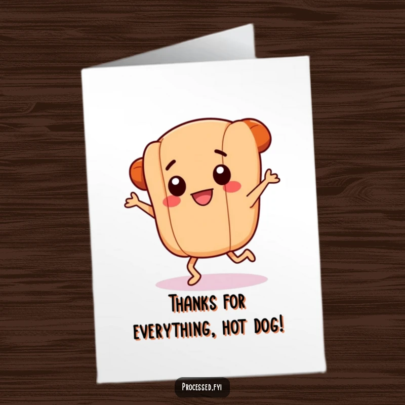 Funny Free Printable Thank You Card: a happy hotdog with tiny legs performing a wild, celebratory dance to express gratitude.