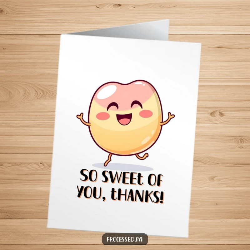 Funny Free Printable Thank You Card: A wobbly jelly bean with a wide grin hopping, expressing thanks.