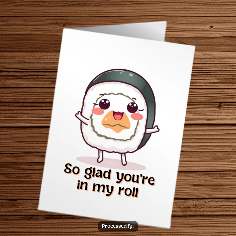 Funny Free Printable Thank You Card: A cheerful sushi roll with wide eyes dancing happily, expressing thanks.
