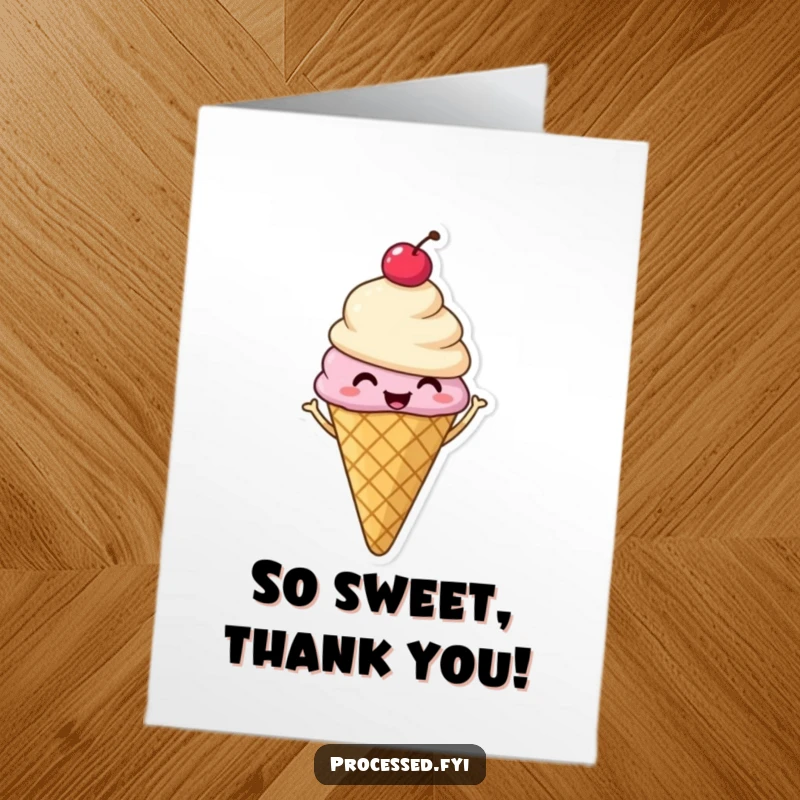 Funny Free Printable Thank You Card: A smiling ice cream cone with a cherry, doing a happy shimmy, expressing sweet gratitude.