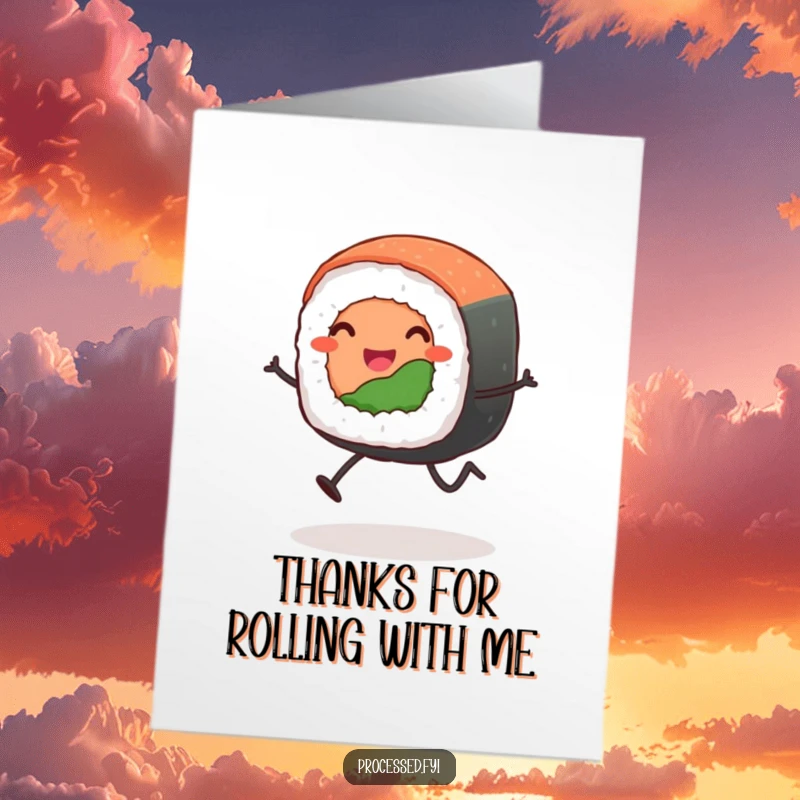 Funny Free Printable Sushi Thank You Card: A happy sushi roll on stick legs, leaping to express sincere thanks.