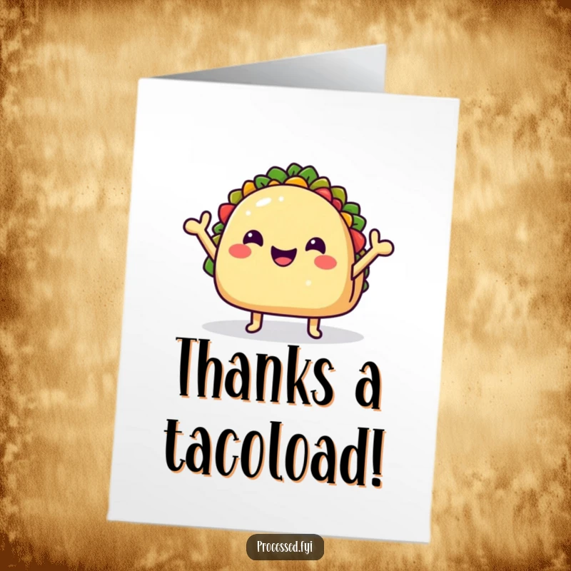 Funny Free Printable Thank You Card depicting a happy taco shell with tiny arms waving in sincere appreciation.