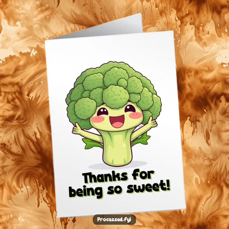 Funny Free Printable Thank You Card: A cheerful broccoli floret excitedly waving its leaves with thanks.
