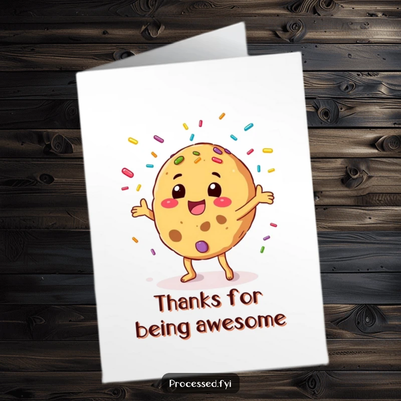 Funny Free Printable Thank You Card: A happy cookie juggling vibrant sprinkles with excitement. Whimsical downloadable gift.