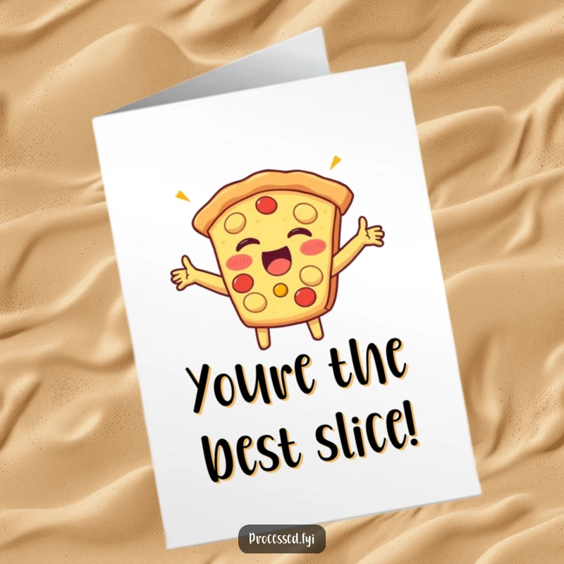 Funny Free Printable Thank You Card: A beaming pizza slice with arms out, giggling thankfully.
