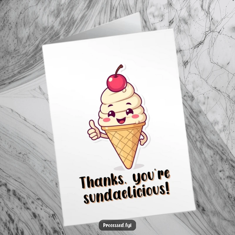 Funny Free Printable Thank You Card: Happy ice cream cone with cherry on top giving a thumbs-up.