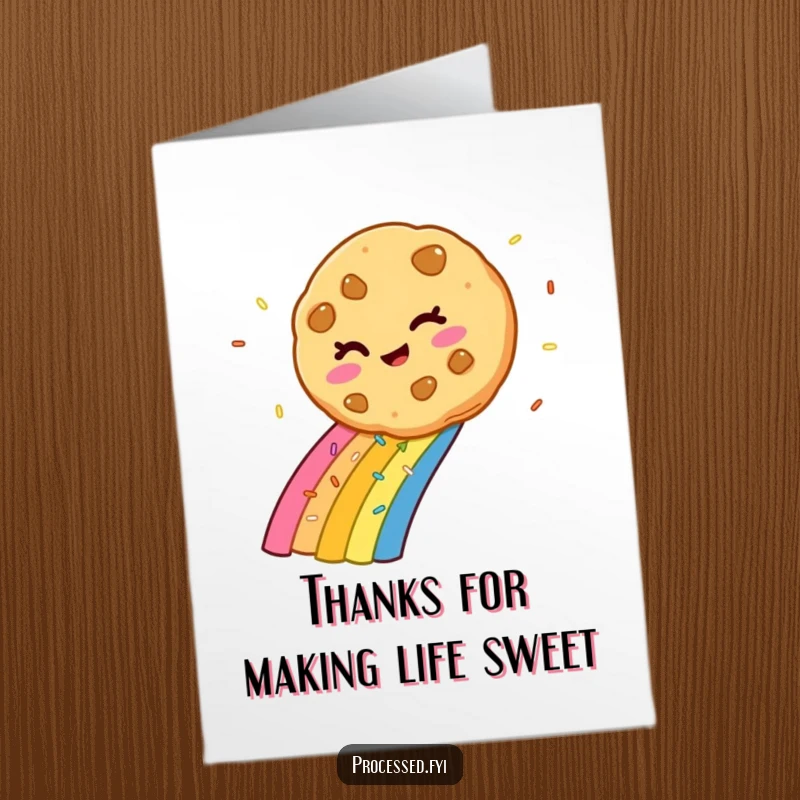 Funny Free Printable Thank You Card: Winking cookie slides down a rainbow of sprinkles, offering sweet gratitude with a playful wink.