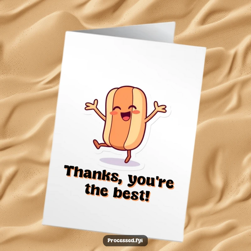 Funny Free Printable Thank You Card: A hot dog character joyfully wiggles its limbs while dancing.