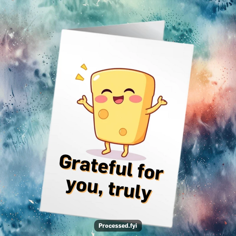 Funny Free Printable Thank You Card: A giggling cheese character performing a playful, silly dance. Unique downloadable gift.