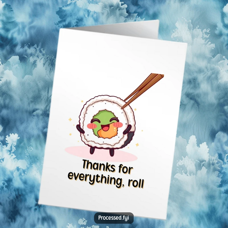 Funny Free Printable Thank You Card: Grateful sushi roll character spinning with chopsticks, sending thanks!
