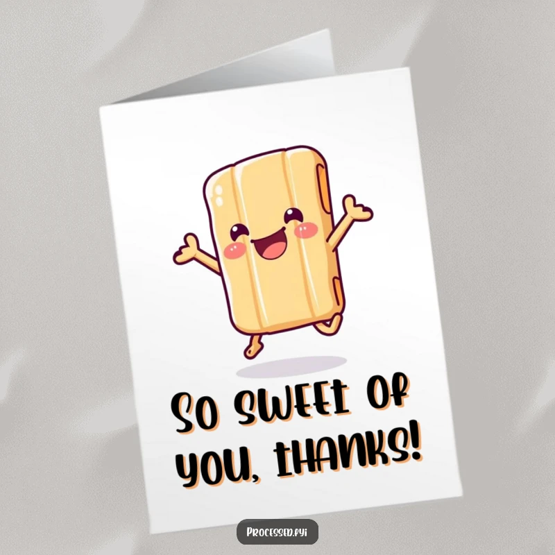 Funny Free Printable Thank You Card: A wiggling candy bar in its wrapper, jumping with delight, expressing heartfelt thanks.