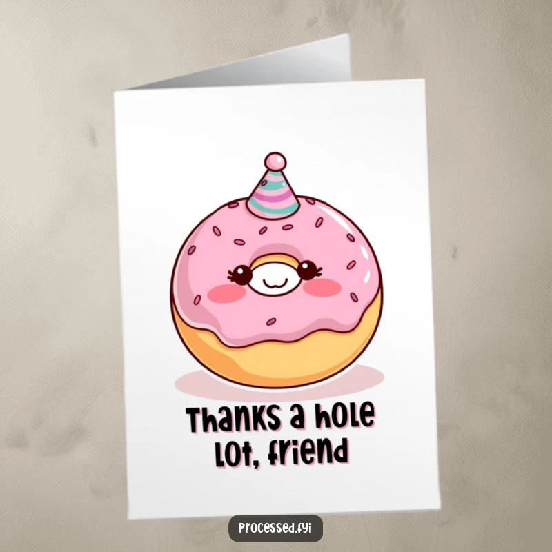 Funny Free Printable Thank You Card: Blushing donut character wearing a party hat, sending sweet thanks!