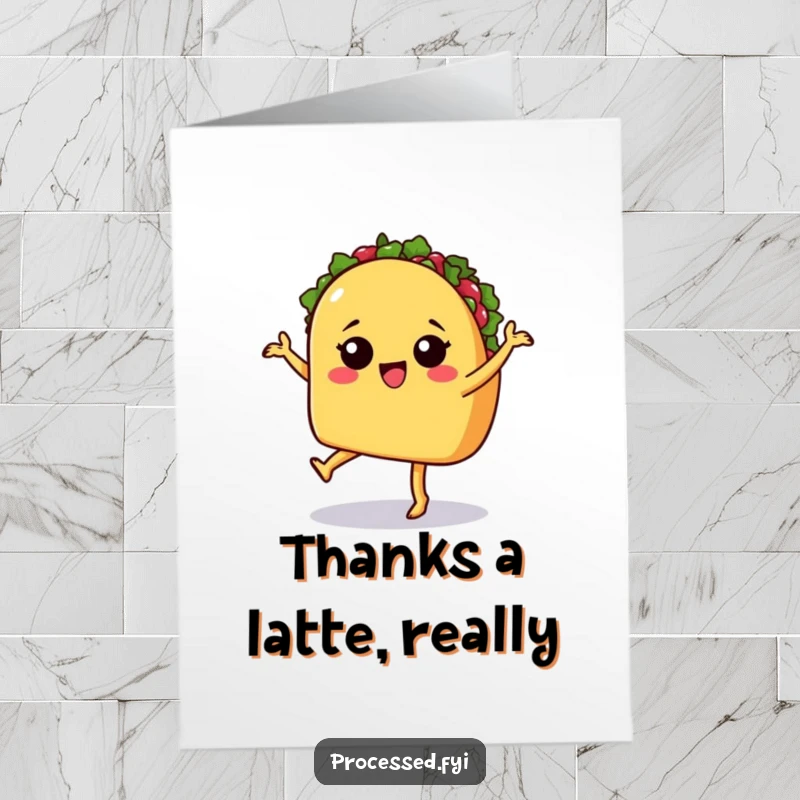 Funny Free Printable Thank You Card: A sassy taco with legs dancing a salsa, expressing gratitude with flair.