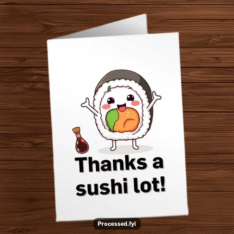 Funny Free Printable Thank You Card: Cheerful Sushi Roll Waving with a Tiny Soy Sauce Bottle Nearby