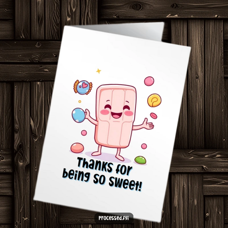 Funny free printable thank you card illustrating a happy candy bar juggling tiny candies, a delightful way to express thanks.