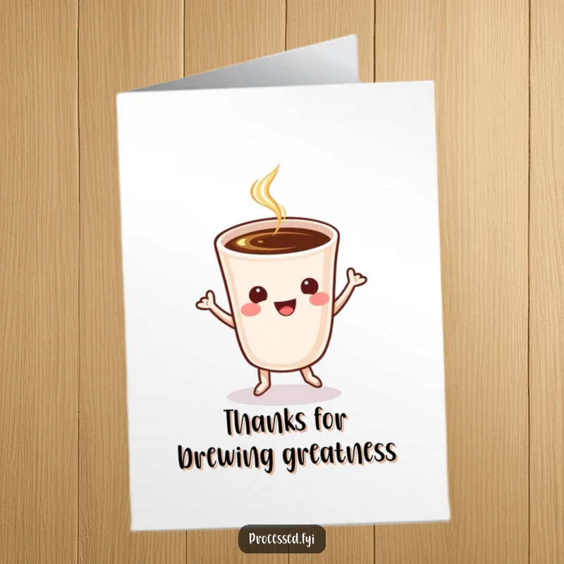 Funny Free Printable Thank You Card: A cheerful coffee cup does a happy jig, expressing gratitude with energetic dance moves.