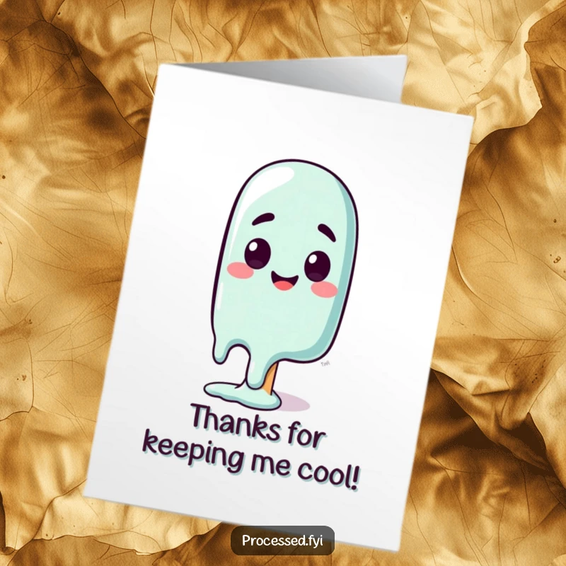Funny Free Printable Thank You Card: A curious, slightly melting popsicle with a happy, surprised face, expressing thanks.