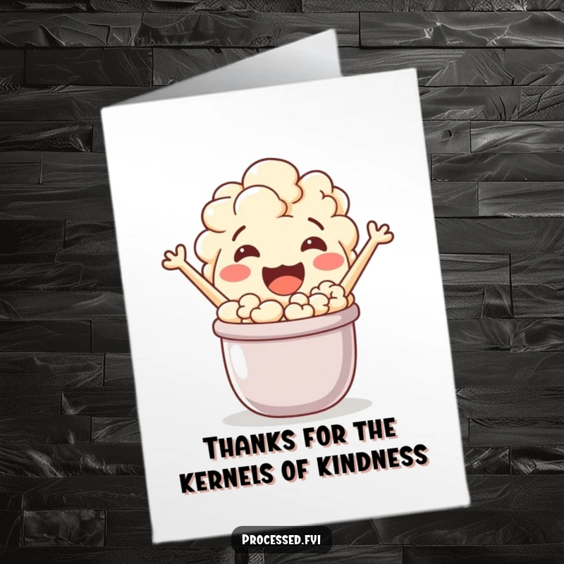 Funny Free Printable Thank You Card: A jovial popcorn character excitedly popping out of a pot, saying thank you.
